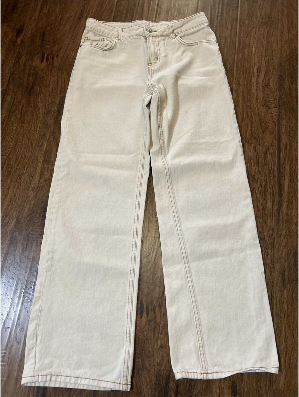 H&M Divided Womens Size 2 Khaki Wheat Wide Leg Jeans Mid Rise Brown Stitch Tan